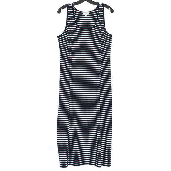J Jill Tank Dress Minimalist Beachy Coastal Grandma Midi Stripe Blue White PM - Picture 1 of 6